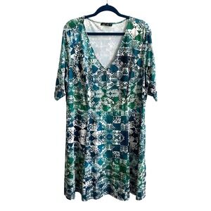 Isabel + Alice Dress Women 2X‎ Green Teal Damask Tile Print V-Neck Stretch Short